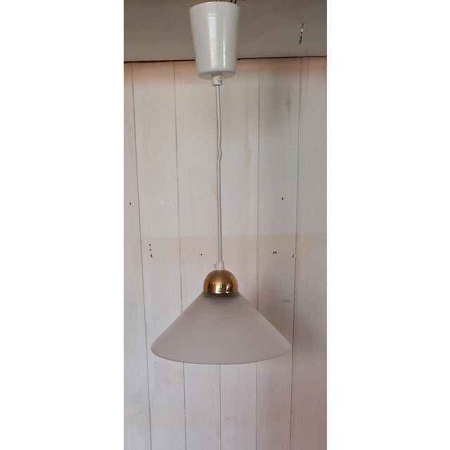 Vintage Ceiling Lamp with Matte Ribbed Glass Shade on Brass Bracket, 1970s, in Very Good conditions. Designed 1970 to 1979...