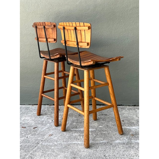 Mid-Century Modern MCM Slat Back Bar Stools After Arthur Umanoff - Pair For Sale - Image 3 of 12