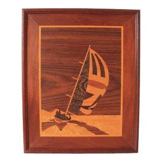 Vintage Framed Handmade Inlay Marquetry Picture - Sailboat For Sale