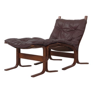 Set of Vintage Cognac Leather Siesta Chair & Ottoman by Ingmar Relling for Westnofa, 1960s For Sale