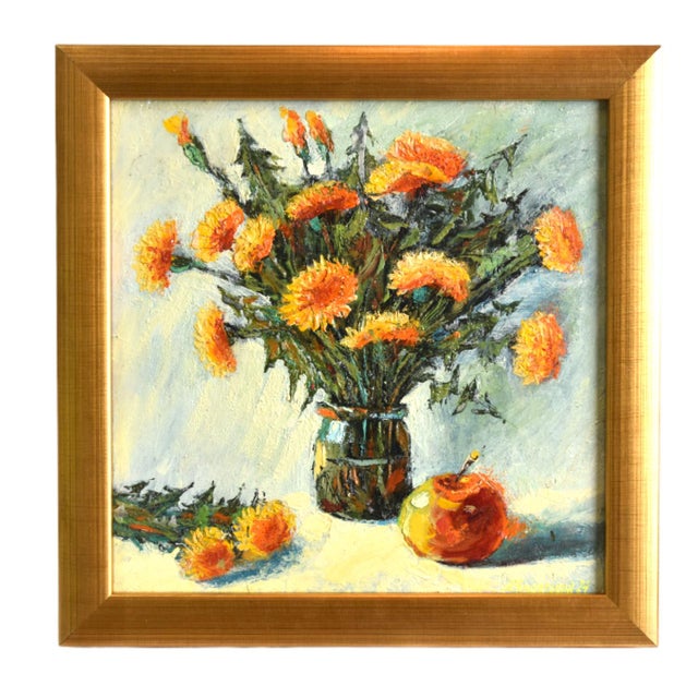 Wood Beautiful Bouquet Flowers Oil Painting Including the Antique Gold Wood Frame For Sale - Image 7 of 7