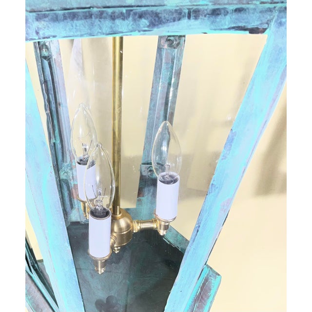 Verdigris Large Vintage Solid Brass Hexagonal Lantern – Verdigris Patina For Sale - Image 8 of 13