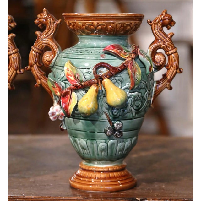 Late 19th Century Pair of 19th Century French Barbotine Majolica Vases With Pears For Sale - Image 5 of 11