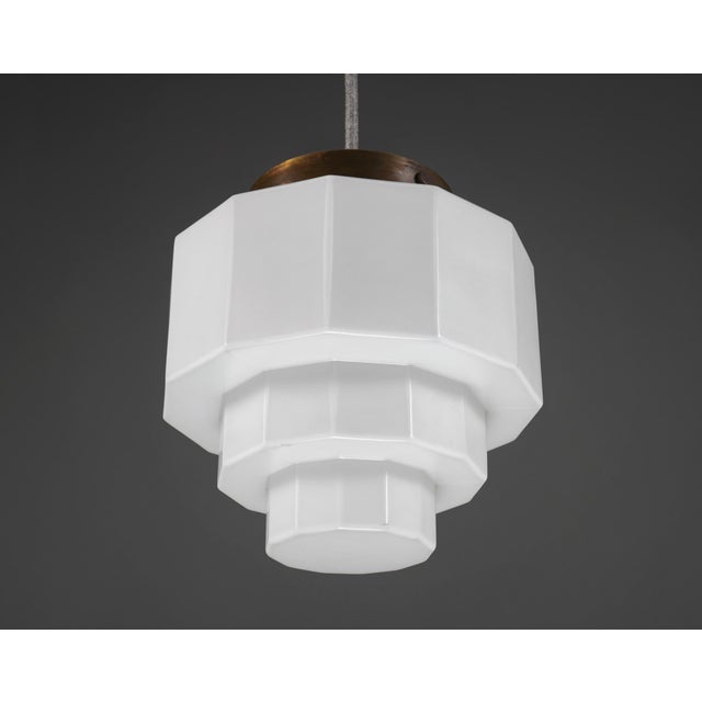 Contemporary English Art Deco Stepped Opaline Glass Pendant Lamp, 1930s For Sale - Image 3 of 4