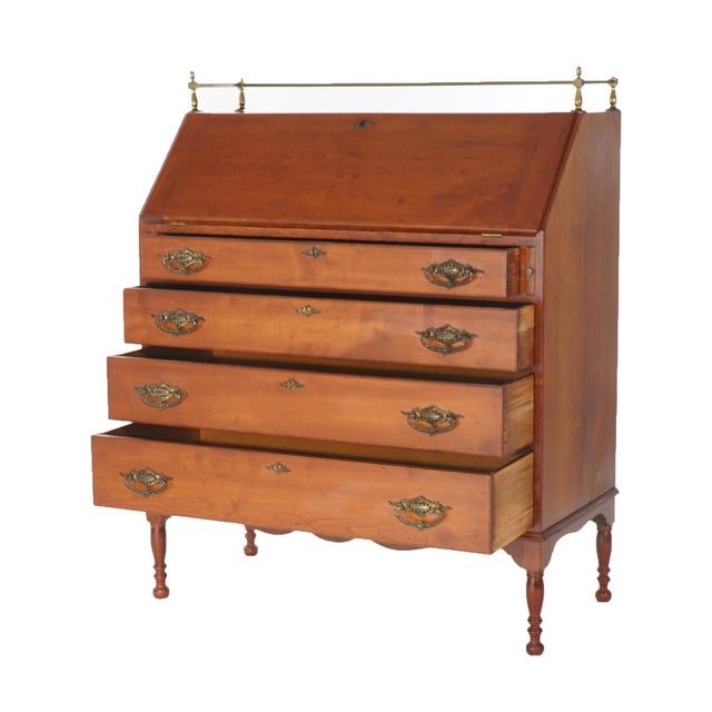 Sheraton Cherry Drop Front Desk with Graduated Drawers & Brass Gallery, C1820 For Sale - Image 9 of 12