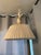 Vintage 1960s painted iron chandelier with decorative scrollwork and glass and fabric shade. Formally hung as a game table...
