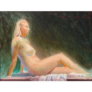 Reclining Nude in Green by Diego Glazer | Oil on canvas panel Nude figure seated against a dark background. For Sale