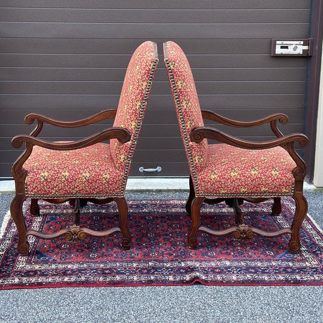 Thomasville Thomasville Carved French Country Oversized Fireside Open Arm Chairs in Elephant Print Upholstery - a Pair For Sale - Image 4 of 12
