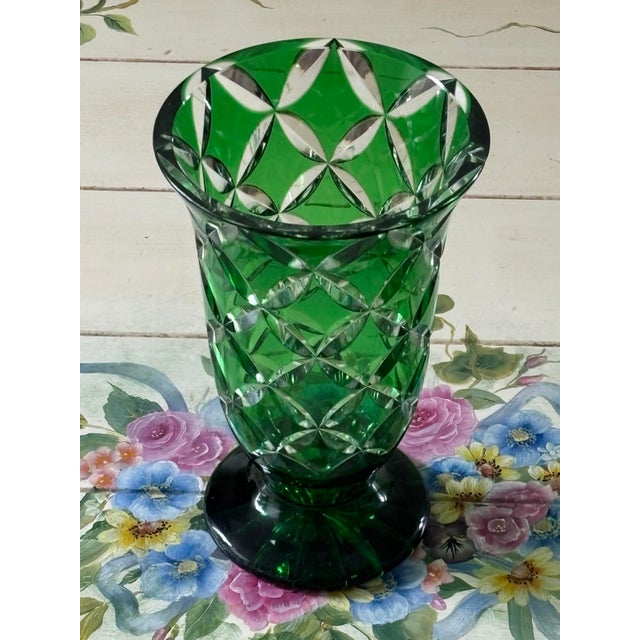 Glass Vintage 1960s West German Cut-to-Clear Emerald Crystal Vase - 3.25 LBS For Sale - Image 7 of 12