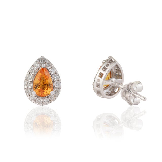 Metal 1 Ct Pear Cut Yellow Sapphire Stud Earrings With Diamonds in 14k Gold- A Pair For Sale - Image 7 of 13