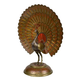 Vintage Traditional India Brass & Enamel Etched Figural Peacock Sculpture For Sale