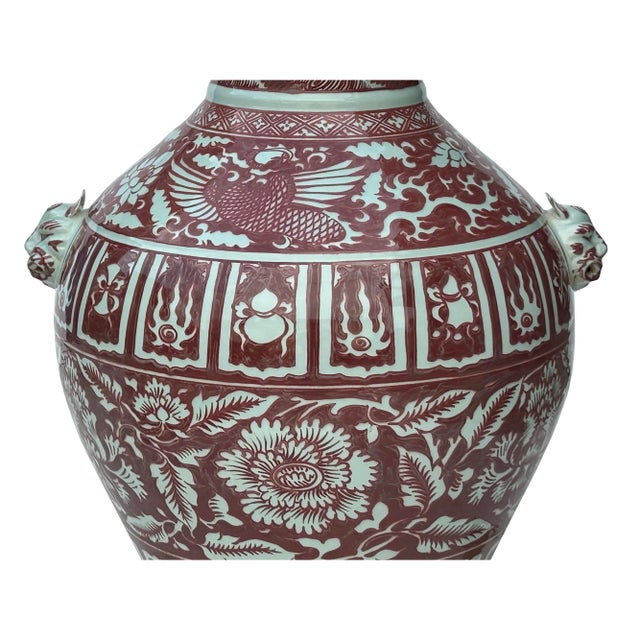 Brick Red Vintage Copper Red Phoenix Flower Graphic Foo Dog Ear Ceramic Fat Pot Vase For Sale - Image 8 of 11