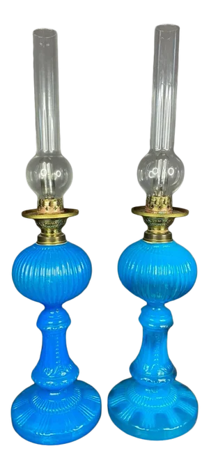19th Century French Victorian Blue Opaline Glass Electrified Antique Oil Hurricane Lamp Pair