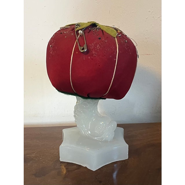Early 20th C. Make-Do Tomato Pin Cushion on 19th C. Dolphin Sandwich Glass Stand For Sale - Image 11 of 16