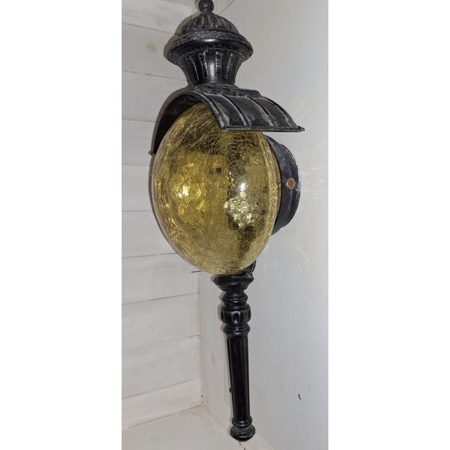 Vintage Rustic Wall Lamp with Black Patinated Metal Frame and Amber-Colored Glass Shade, 1970s For Sale - Image 6 of 9