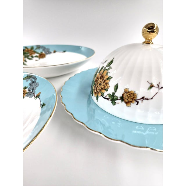 Turquoise Exquisite Three-Piece Bone China Serving Set With Covered Dome Turquoise Border & Peony Motif For Sale - Image 8 of 13