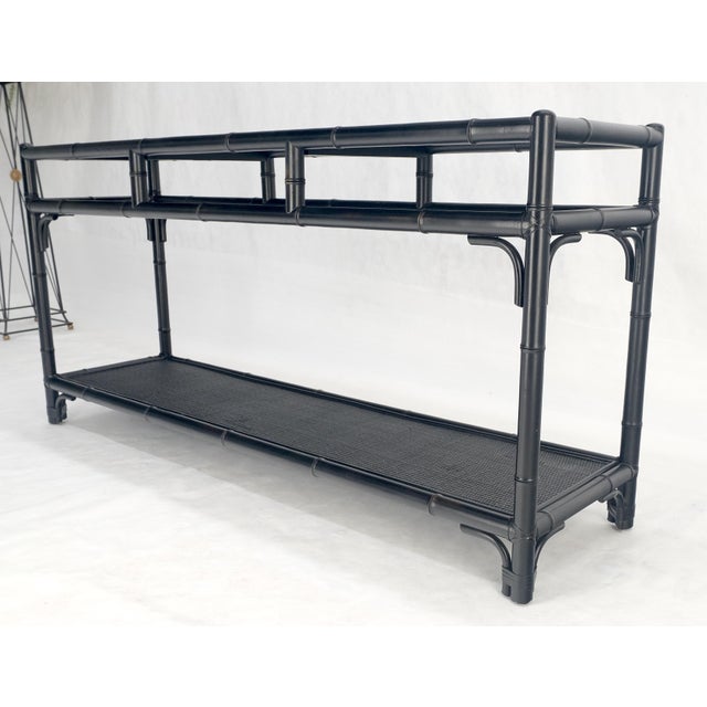 Bloomingdale's Black Lacquer Bamboo Rattan 60" Long Console Sofa Table Bloomingdale's MINT! For Sale - Image 4 of 14