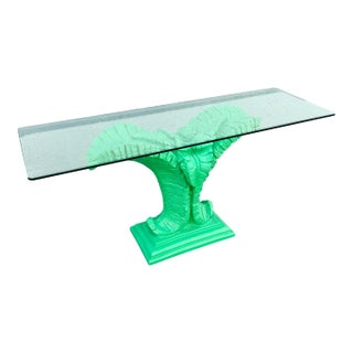 Boho Chic Green Banana Leaf Glass Top Console Table For Sale
