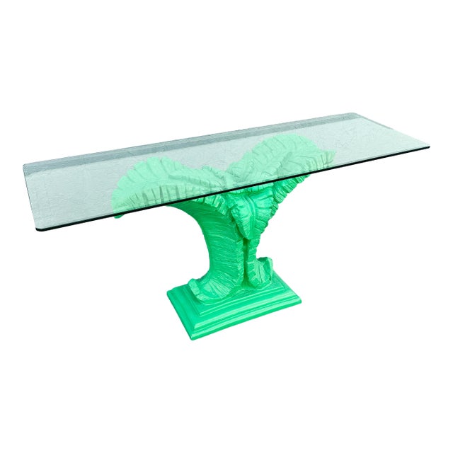 Boho Chic Green Banana Leaf Glass Top Console Table For Sale