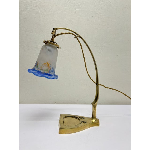 Art Nouveau Brass Table Lamp with Glass Paste Lampshade, 1920s For Sale - Image 3 of 11
