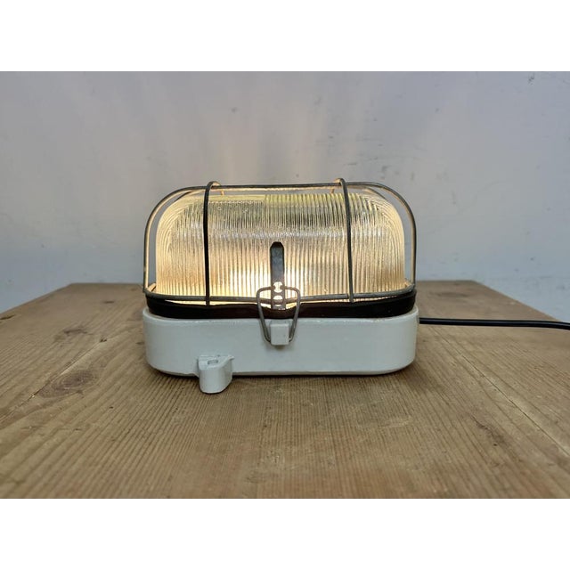 Industrial White Porcelain Cage Wall Light with Ribbed Glass, 1970s For Sale - Image 17 of 18