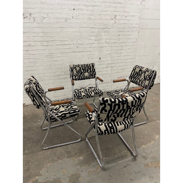 Set of 4 Vintage 1970’s Daystrom Chrome Tubular Dining Chairs With Wooden Armrests For Sale - Image 9 of 14