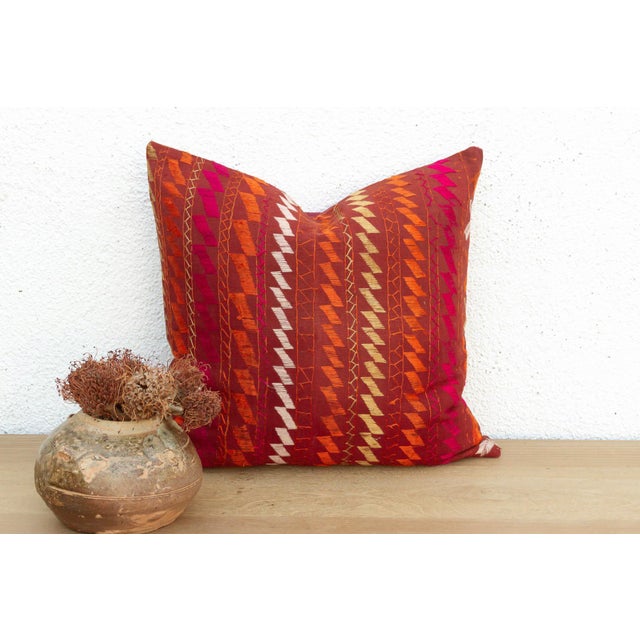 A breathtaking study in Antique Punjabi Folk Art, this 18-inch square pillow is handcrafted from a salvaged ceremonial...