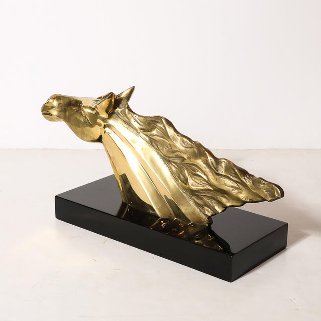 Brass Mid-Century Horse Bust Sculpture W/ Flowing Mane in Polished Brass on Black Base For Sale - Image 8 of 11