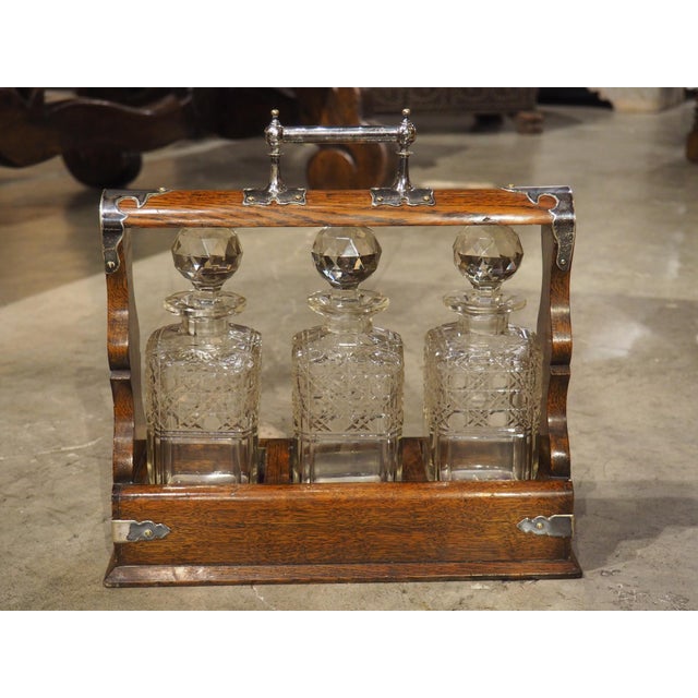 19th Century 3-Bottle English Oak and Silver Plated Locking Decanter Set For Sale - Image 13 of 18