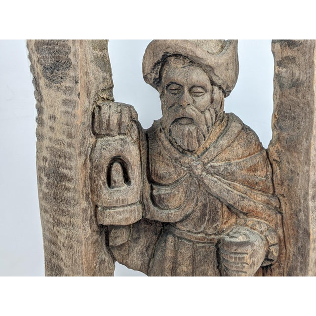 Mid 20th Century Pair of Mid-Century European Hand-Carved Wood Watchman Figural Relief Panels, Brown For Sale - Image 5 of 12