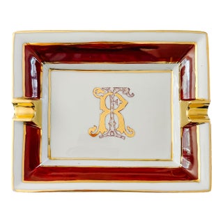 Vintage Limoges France Porcelain Ashtray, Hand-Painted Italian Monogram by Beatrice Menicossi, 1997 For Sale