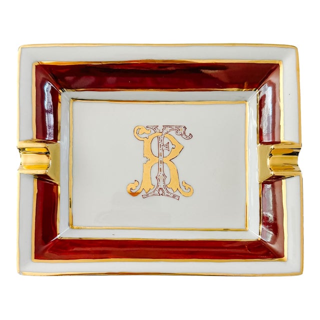 Vintage Limoges France Porcelain Ashtray, Hand-Painted Italian Monogram by Beatrice Menicossi, 1997 For Sale