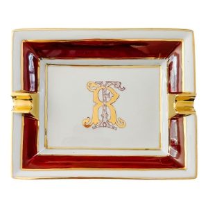 Vintage Limoges France Porcelain Ashtray, Hand-Painted Italian Monogram by Beatrice Menicossi, 1997