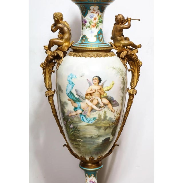Mid 19th Century Palatial French Ormolu-Mounted Sevres Porcelain Hand-Painted Vase and Cover For Sale - Image 11 of 18