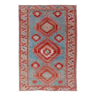 Early 20th Century Antique Kazak Caucasian Distressed Rug With Geometric Diamond Medallions For Sale