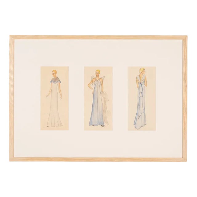 Art Deco Fashion Drawings VI, Gouache on Paper, Framed For Sale