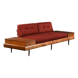 Adrian Pearsall 1709-S Style Platform Sofa With Floating Walnut End Tables For Sale