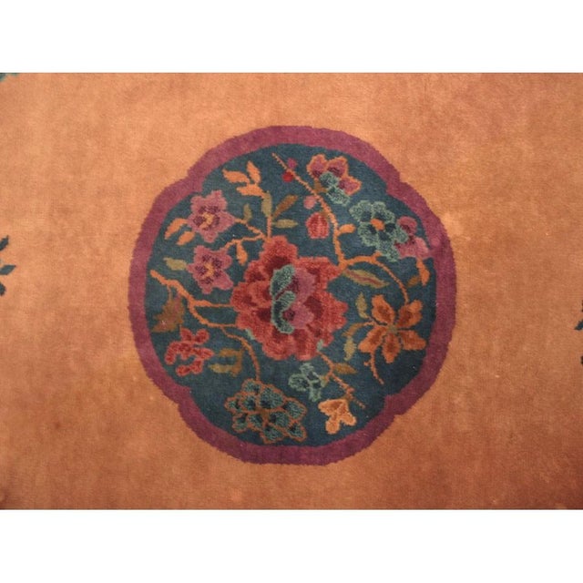 Art Deco 1920s Salmon Floral Antique Chinese Art Deco Carpet 4' X6'10" Handwoven Wool Rug For Sale - Image 3 of 6