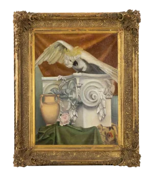 Allegory with Parrot, Capital, Amphorand Drapes, Late 19th-Century, Oil on Canvas