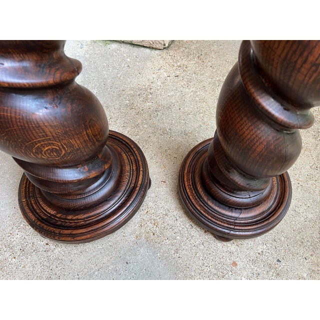 Pair Set of 2 Antique French Pedestal Stand Barley Twist Oak Large Plant Columns For Sale - Image 17 of 18