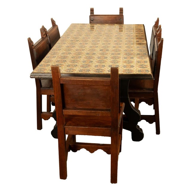 Antique Spanish Colonial Hacienda Walnut Talavera Tile Top Table Six Chairs 1890 For Sale - Image 10 of 17