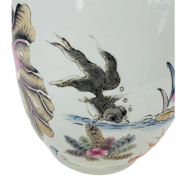 Vintage Famille Rose Porcelain Vase With Koi Fish, Birds, and Flowers For Sale - Image 11 of 15