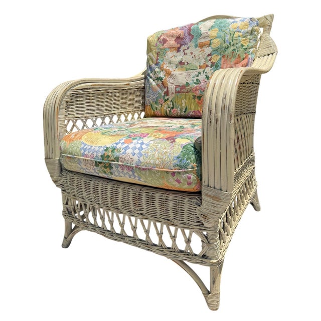 English Vintage Henry Link Distressed Painted Wicker Armchair For Sale - Image 3 of 12