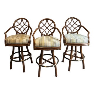Late 20th Century Set of 3 McGuire Modern Rattan Swivel Bar Stools For Sale