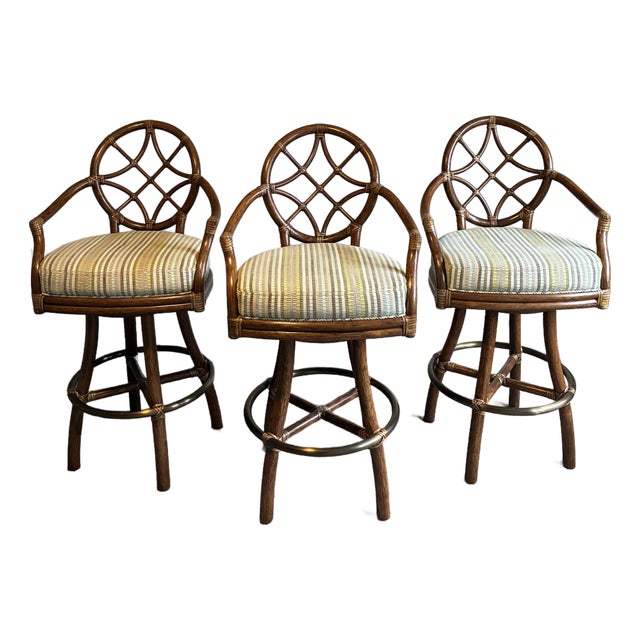 Late 20th Century Set of 3 McGuire Modern Rattan Swivel Bar Stools For Sale