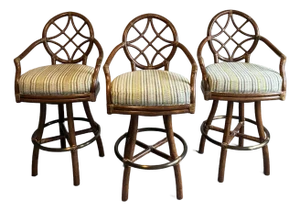 Late 20th Century Set of 3 McGuire Modern Rattan Swivel Bar Stools