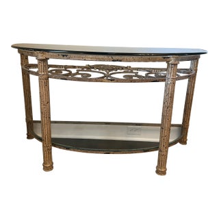 1990s Vintage Gilded Demi-Lune Console Table With Glass Top For Sale