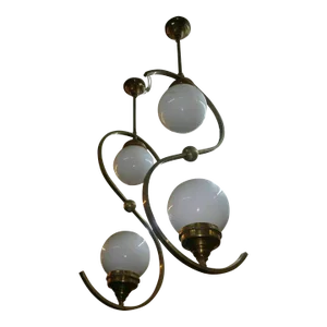 1940s Art Deco Bauhaus Fixture Ceiling Brass Hanging Light Milk Glass Shade Lamps - a Pair
