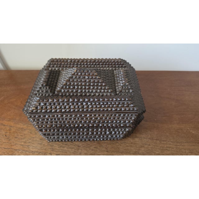 Antique Tramp Art Box, Hand Carved Wooden Keepsake Box, Chip Carved Folk Art Jewelry Box, Primitive Storage Casket, Black Forest Style Decor For Sale - Image 11 of 12