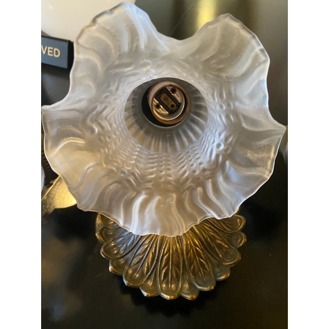 Vintage Cottage Shabby Chic Brass Three Light Wall Sconce With Flower Petal Base For Sale - Image 4 of 8